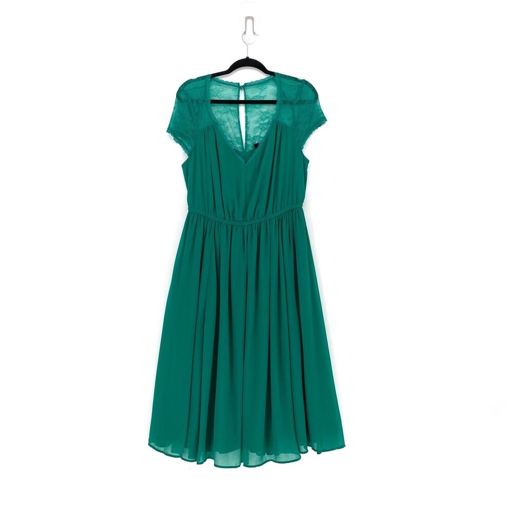 TORRID Women L 12 Dress Emerald Green Midi Chiffon Lace V-Neck Cocktail NEW